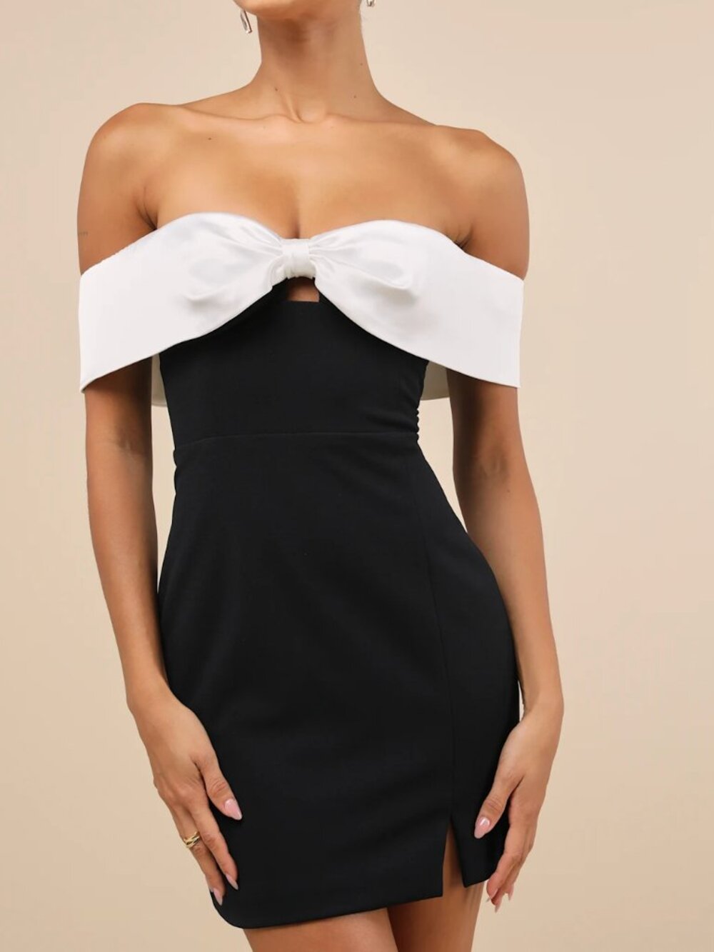 Lulus Extravagant Moment Black and White Off-the-Shoulder Mini Dress